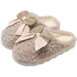 Women's Bowknot Platform Slippers - Fluffy Faux Fur Winter House Shoes~~Khaki